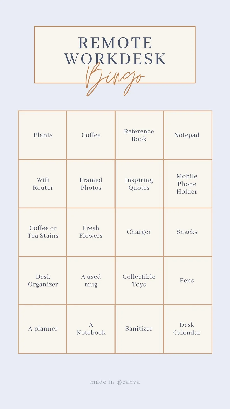 Work from home bingo