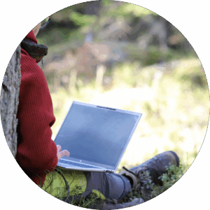 A person is sitting on the gras under the tree and having a laptop with her on her knees.