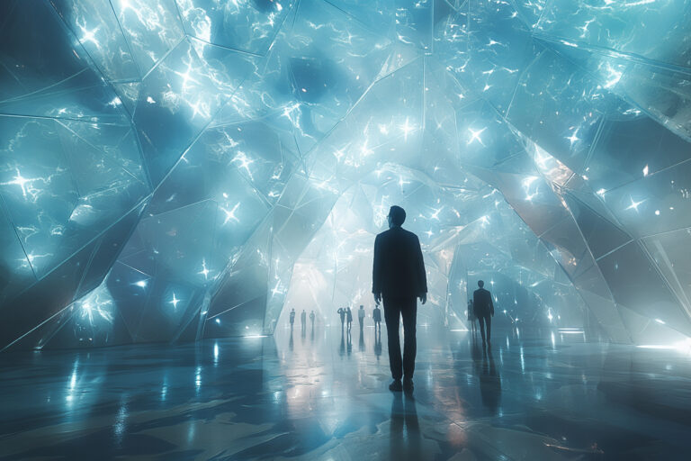 People walking under a sparkling glass or ice ceiling,