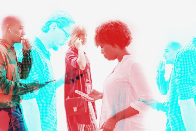 People walking ang talking in the mobiles. Picture is red and blue color shades.